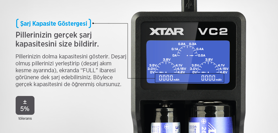 Xtar VC2 Universal Şarj Kapasite Göstergesi