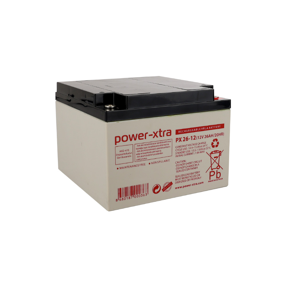 Power-Xtra PX26-12 - 12V 26 Ah Bakımsız Kuru Akü - F3 - (M5 Bolts)