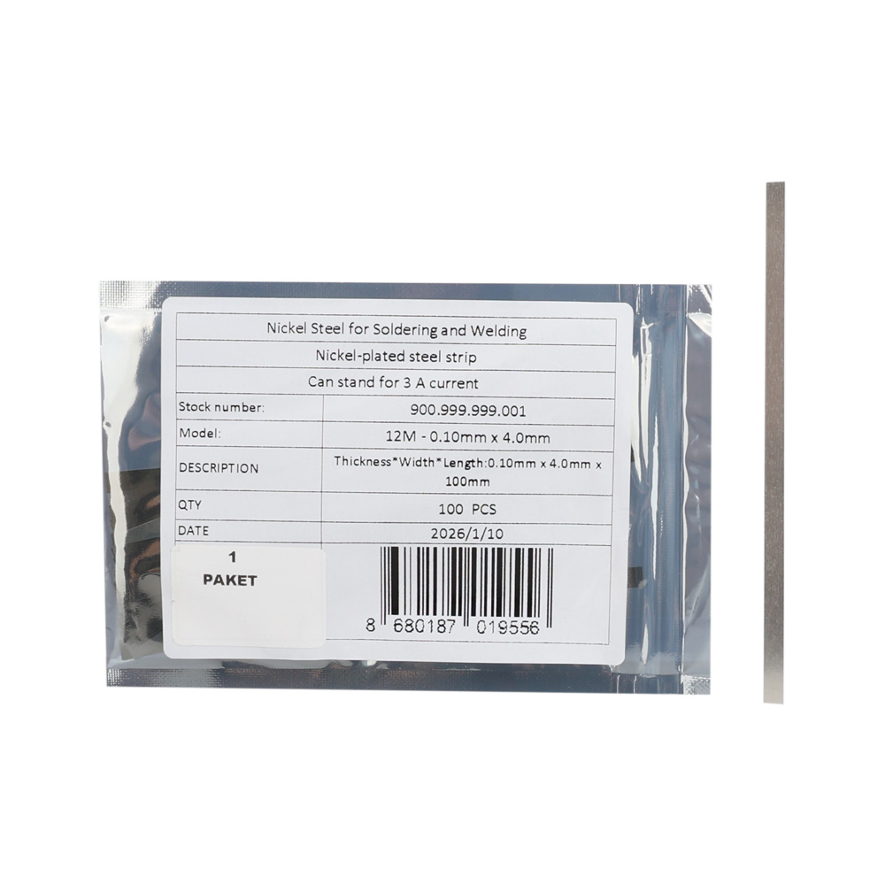 12M - 0.10mm x 4.0mm x 100mm - Lehim Tutan Nikel Metal - 10 cm Kesilmiş - 100lü Paket - 10 Metre