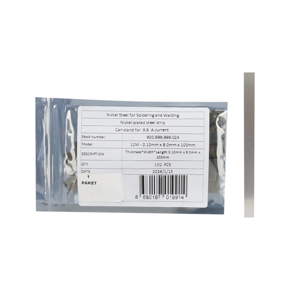 12M - 0.10mm x 8.0mm x 100mm - Lehim Tutan Saf Nikel Metal - 10 cm Kesilmiş - 100lü Paket - 10 Metre